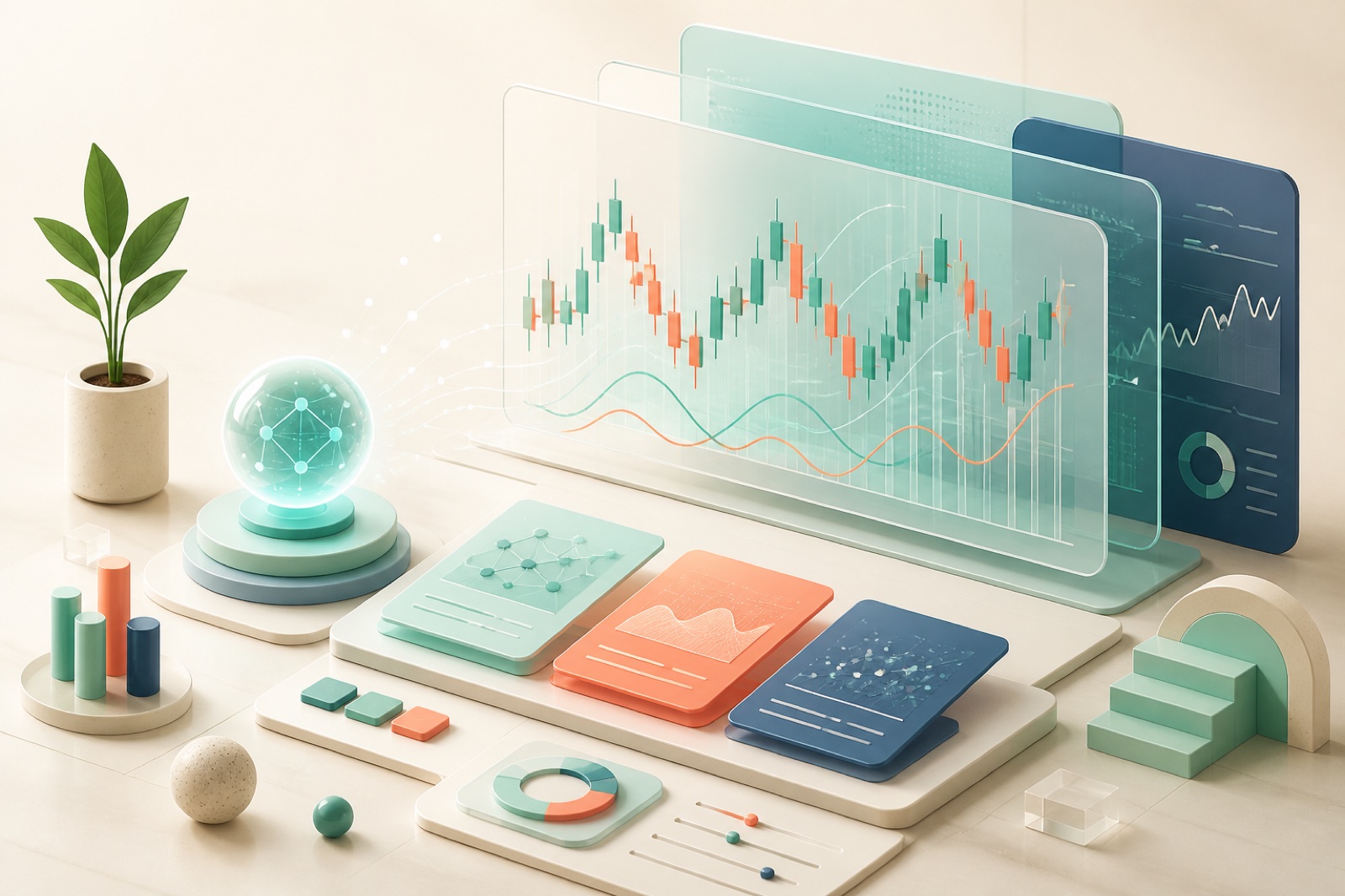 AI 量化研究、策略卡片与市场图表组成的原创插画
